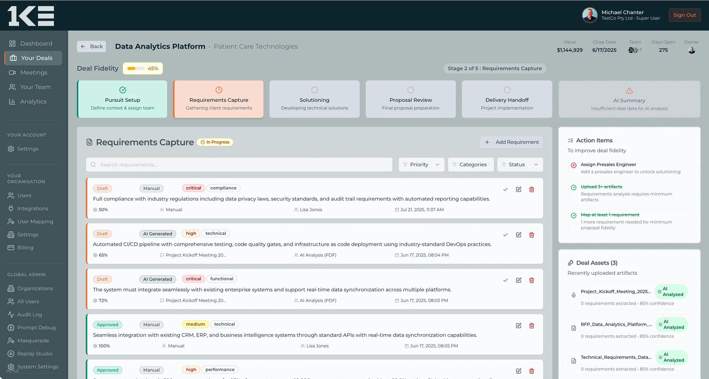 Dashboard interface of a Data Analytics Platform showing deal stages, detailed requirements capture with statuses and priorities, action items, and deal assets section.