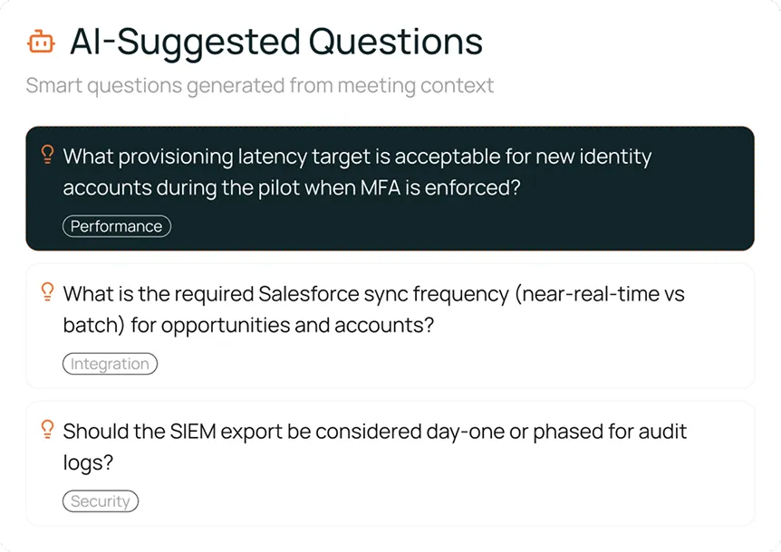 Interface showing AI-suggested questions generated from meeting context, including queries on provisioning latency for new identity accounts with MFA, Salesforce sync frequency, and SIEM export timing.