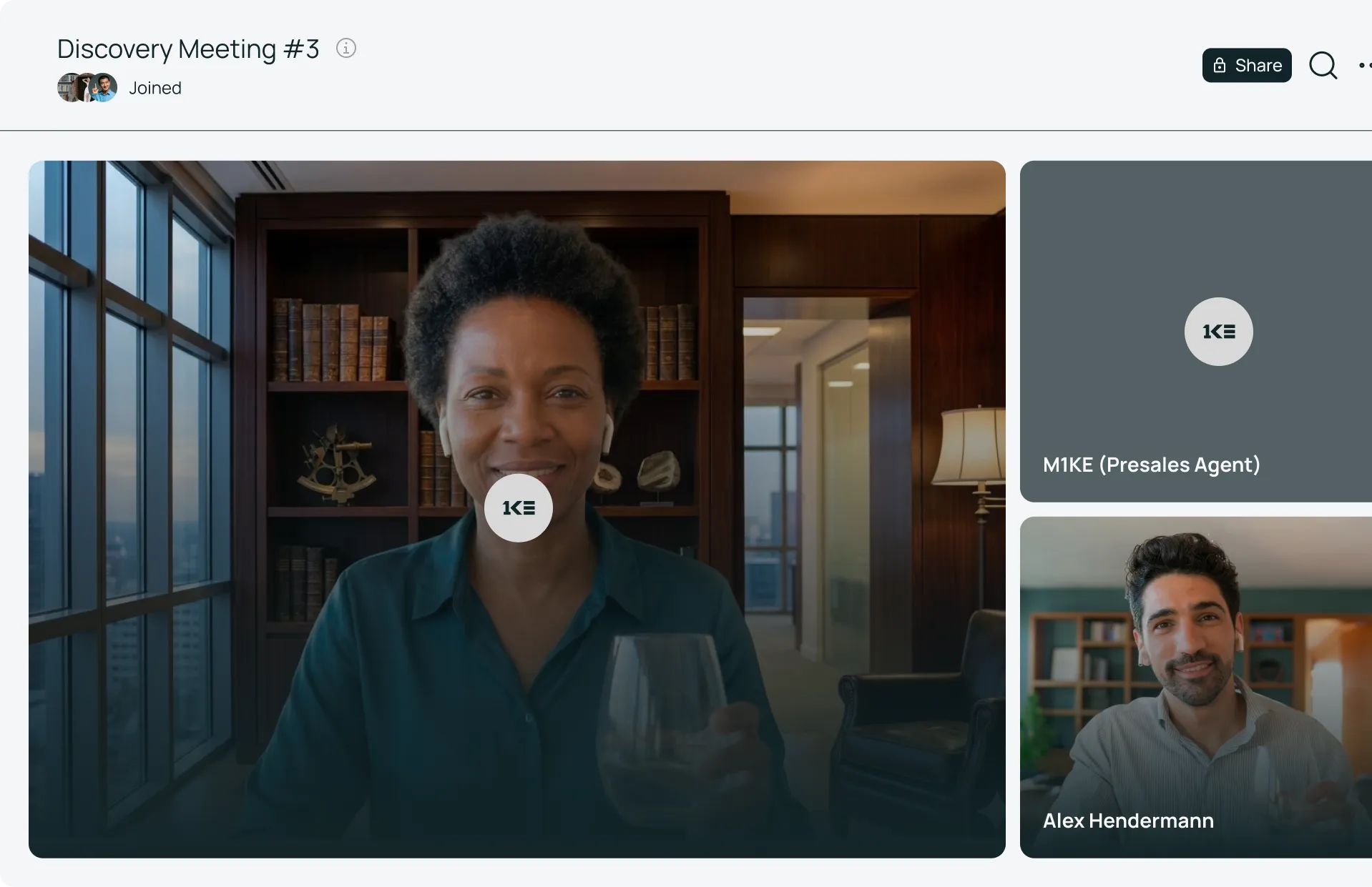 Video call screen showing three participants in a Discovery Meeting #3 with one woman smiling holding a glass in a room with bookshelves, a man labeled Alex Hendermann, and a participant named M1KE (Presales Agent) with profile icons.