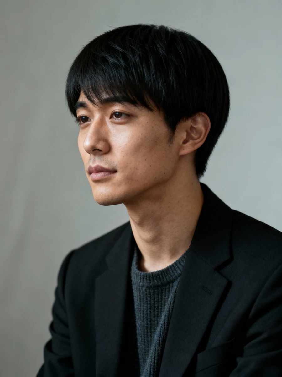 Young man with black hair wearing a dark sweater and black blazer looking thoughtfully to the side.