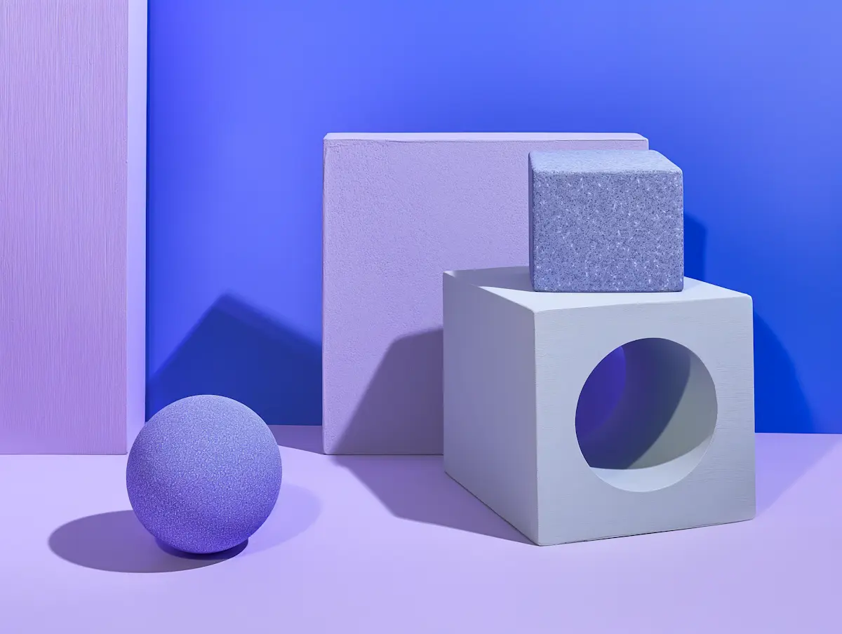 Purple sphere, blue cube, and hollow white cube arranged against a purple and blue background.