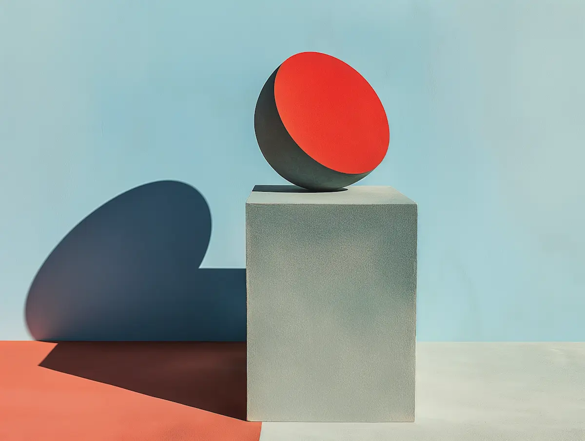 Red sphere balanced on a gray cube casting shadows on a blue and orange background.