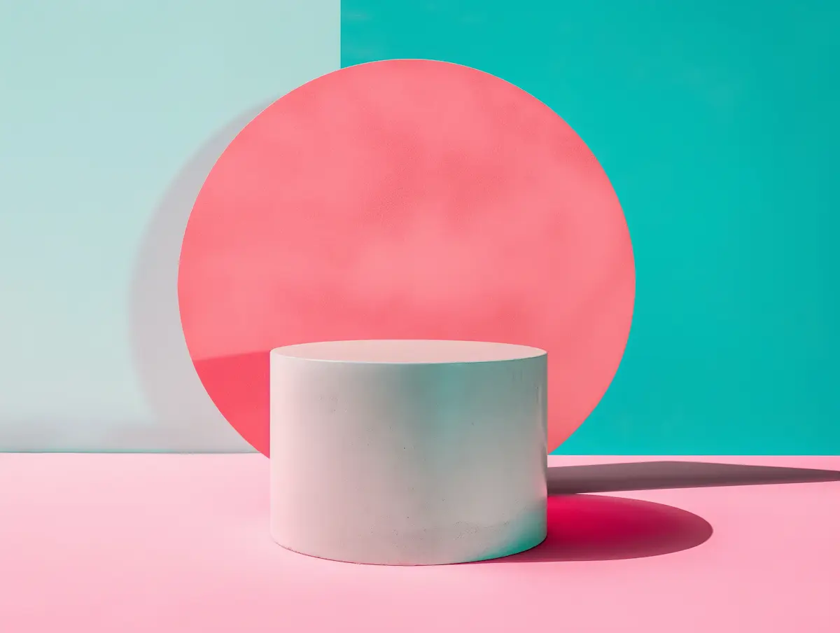 White cylindrical pedestal against a pink floor with a teal and pink geometric background.