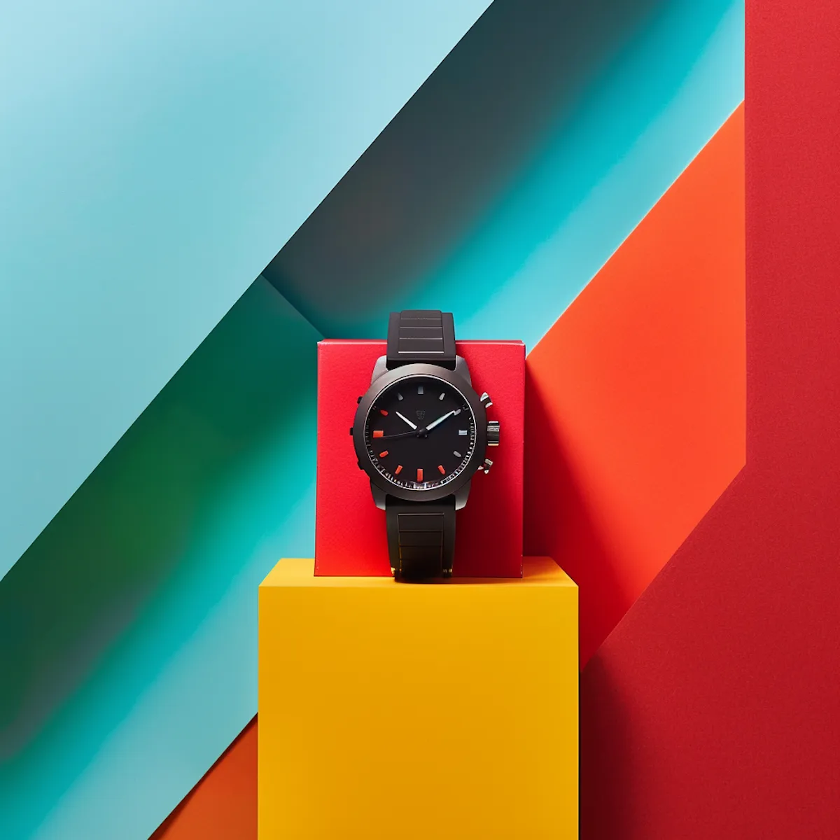 Black wristwatch on a yellow pedestal with a colorful geometric background