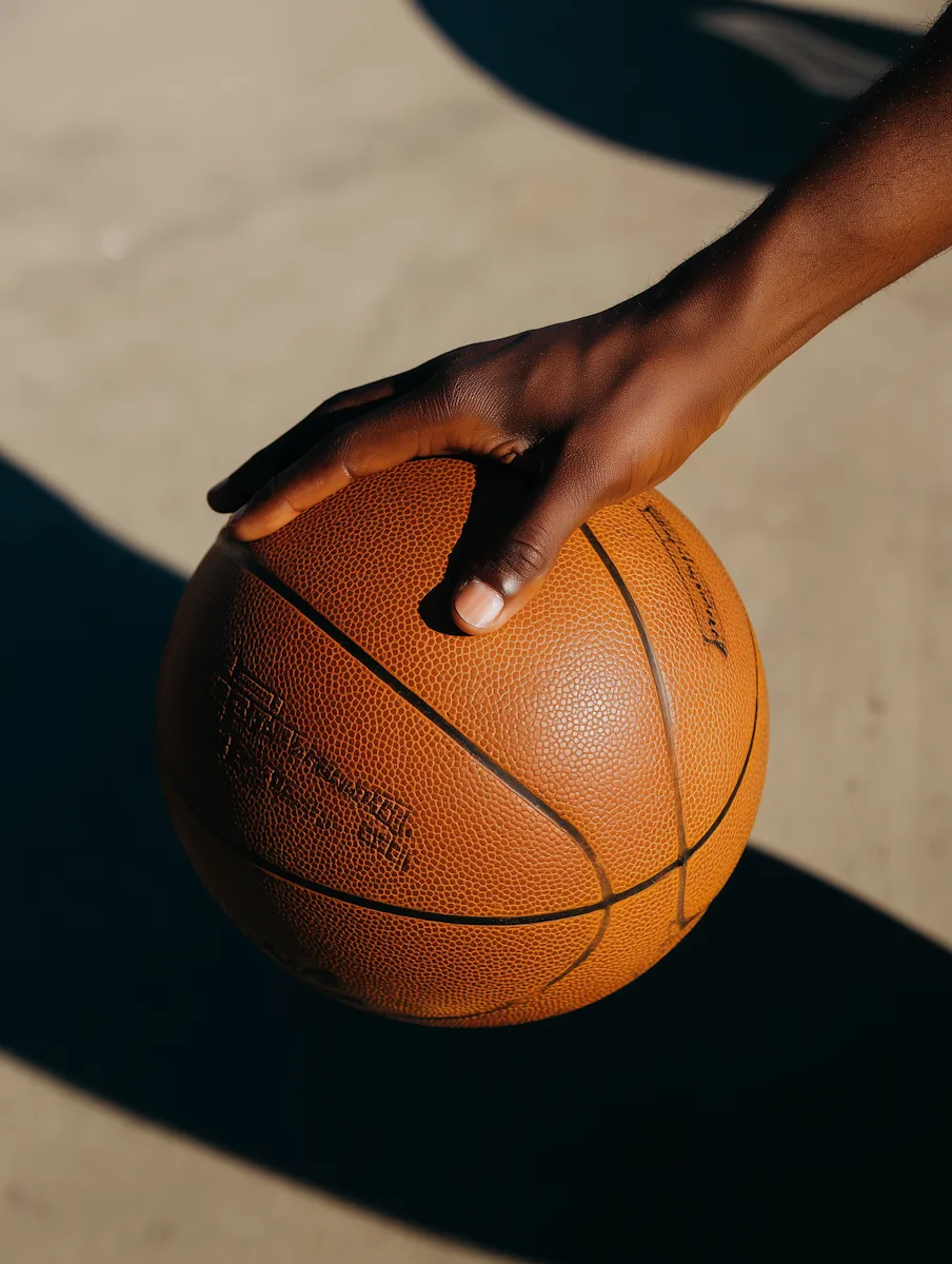 Close-up of a hand holding an orange basketball casting a shadow on a sunlit floor.