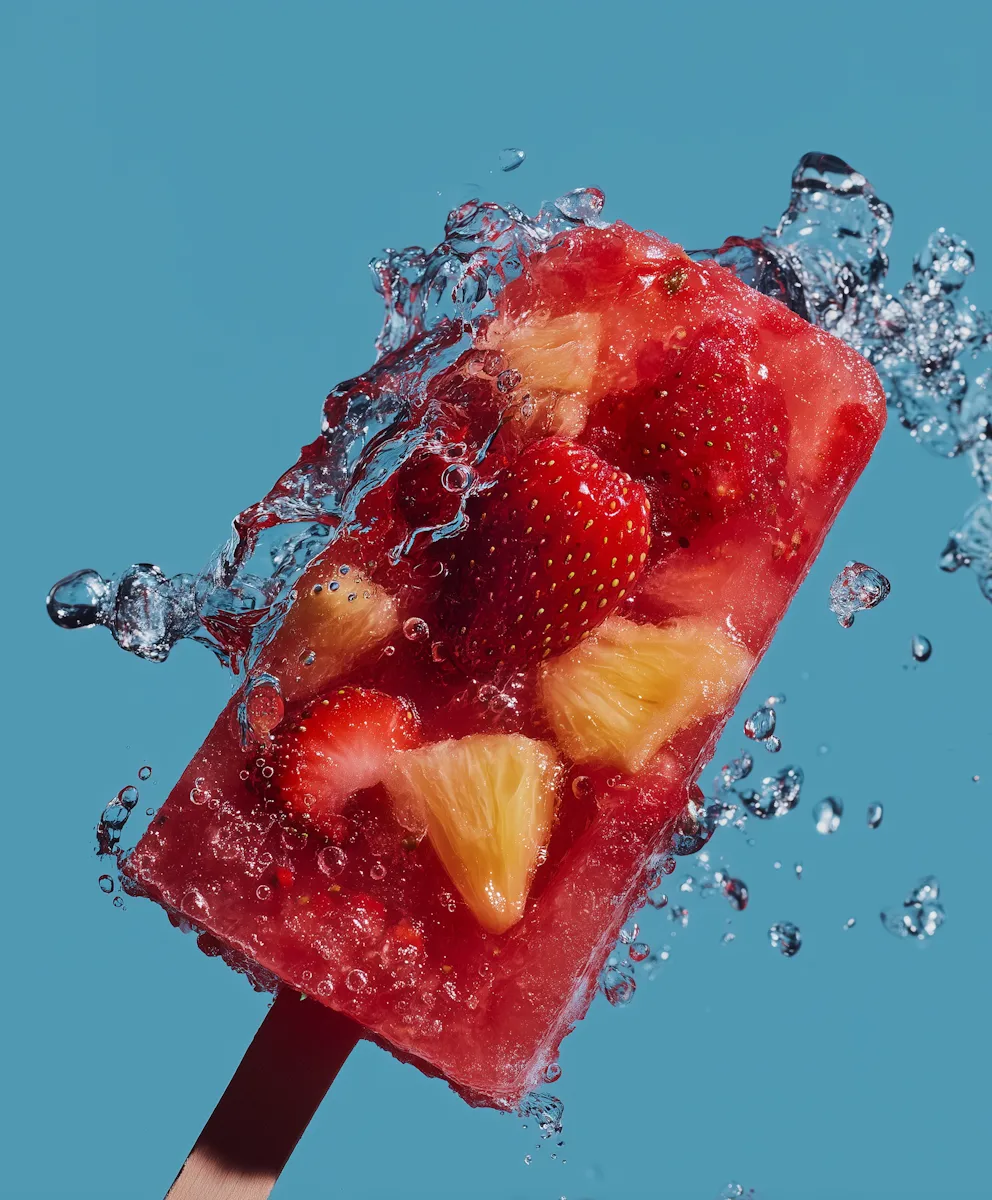 Fruit popsicle with strawberries and pineapple splashing in water