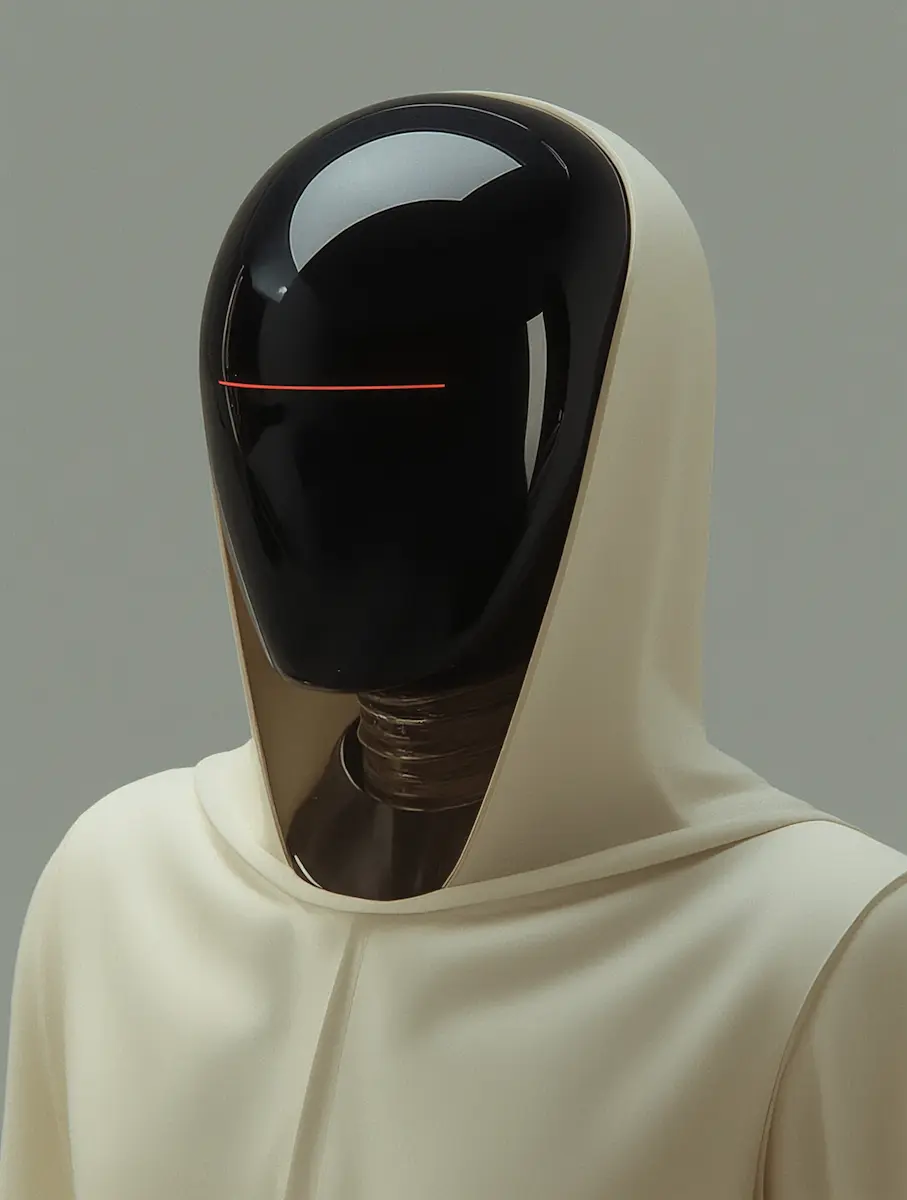 Futuristic robot in a beige hooded cloak with a smooth black faceplate and a red horizontal line.