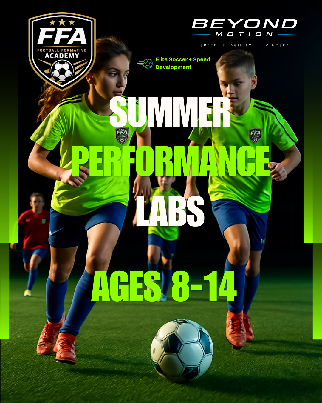 Summer Performance Labs flyer — Elite Soccer and Speed Development for Ages 8-14 at Skyports Indoor Soccer in San Rafael, a Football Formative Academy and Beyond Motion collaboration