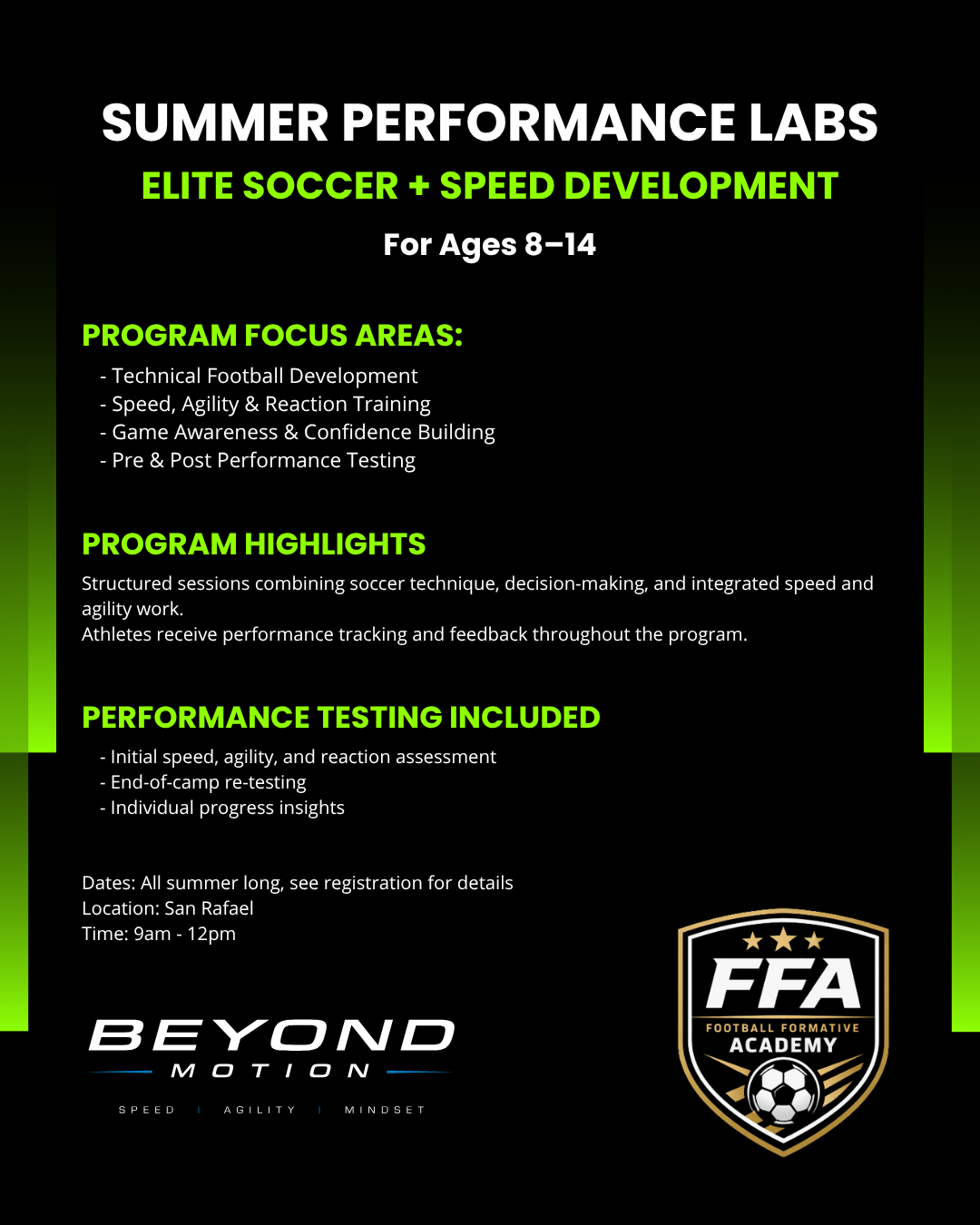 Summer Performance Labs program details — Technical Football Development, Speed Agility and Reaction Training, Game Awareness, Pre and Post Performance Testing, 9am to 12pm at Skyports Indoor Soccer, San Rafael