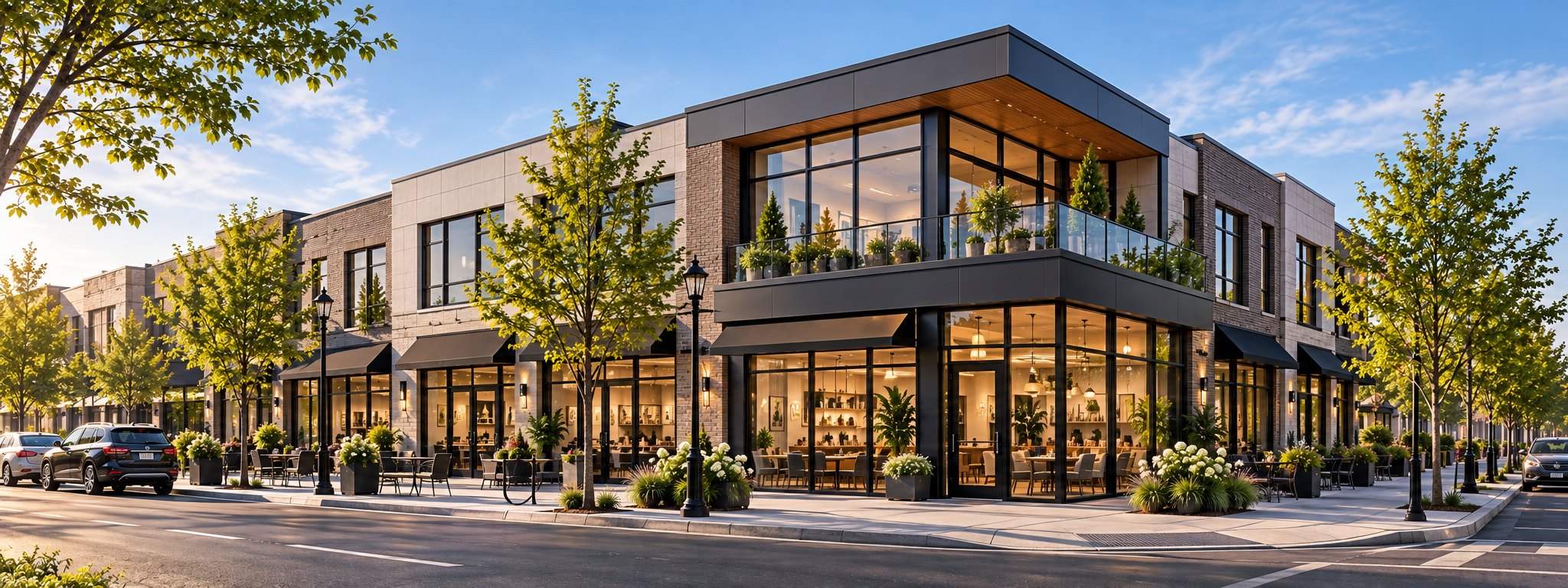 Illustrative rendering of a two-storey mixed-use commercial building on a suburban corner.