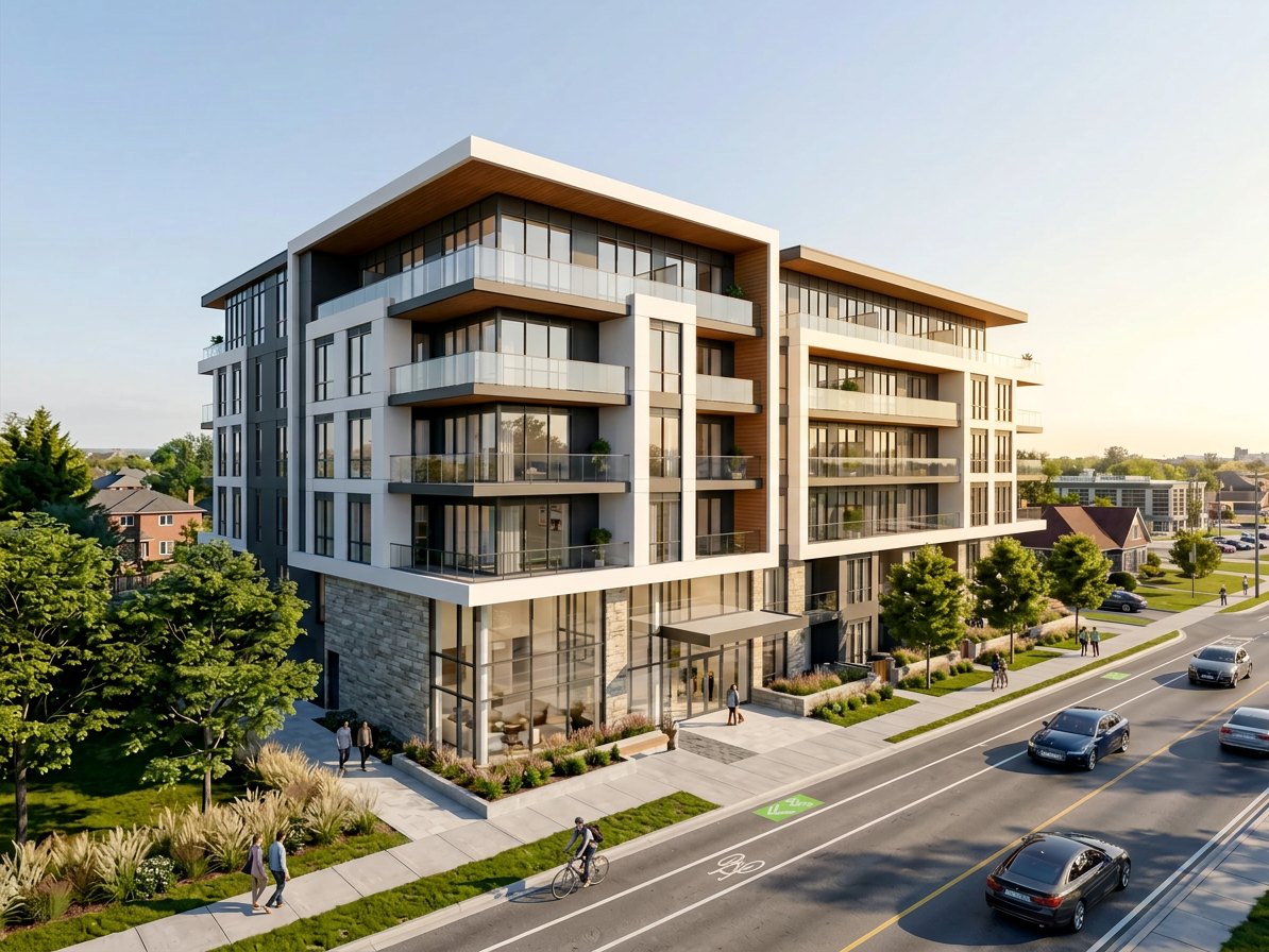 Architectural rendering of the approved five-storey, 70-unit building at 16756 and 16764 Bayview Avenue, Newmarket, seen from the street in late afternoon light.
