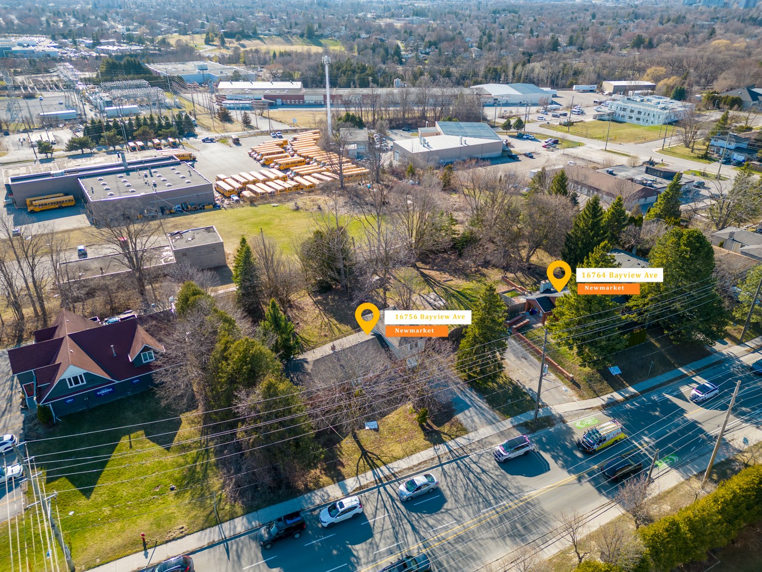 Aerial view of 16756 and 16764 Bayview Avenue on the Bayview and Mulock corridor.