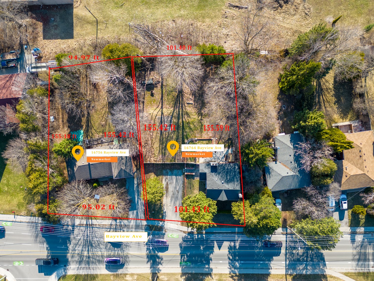 Aerial view of 16756 and 16764 Bayview Avenue on the Bayview and Mulock corridor.
