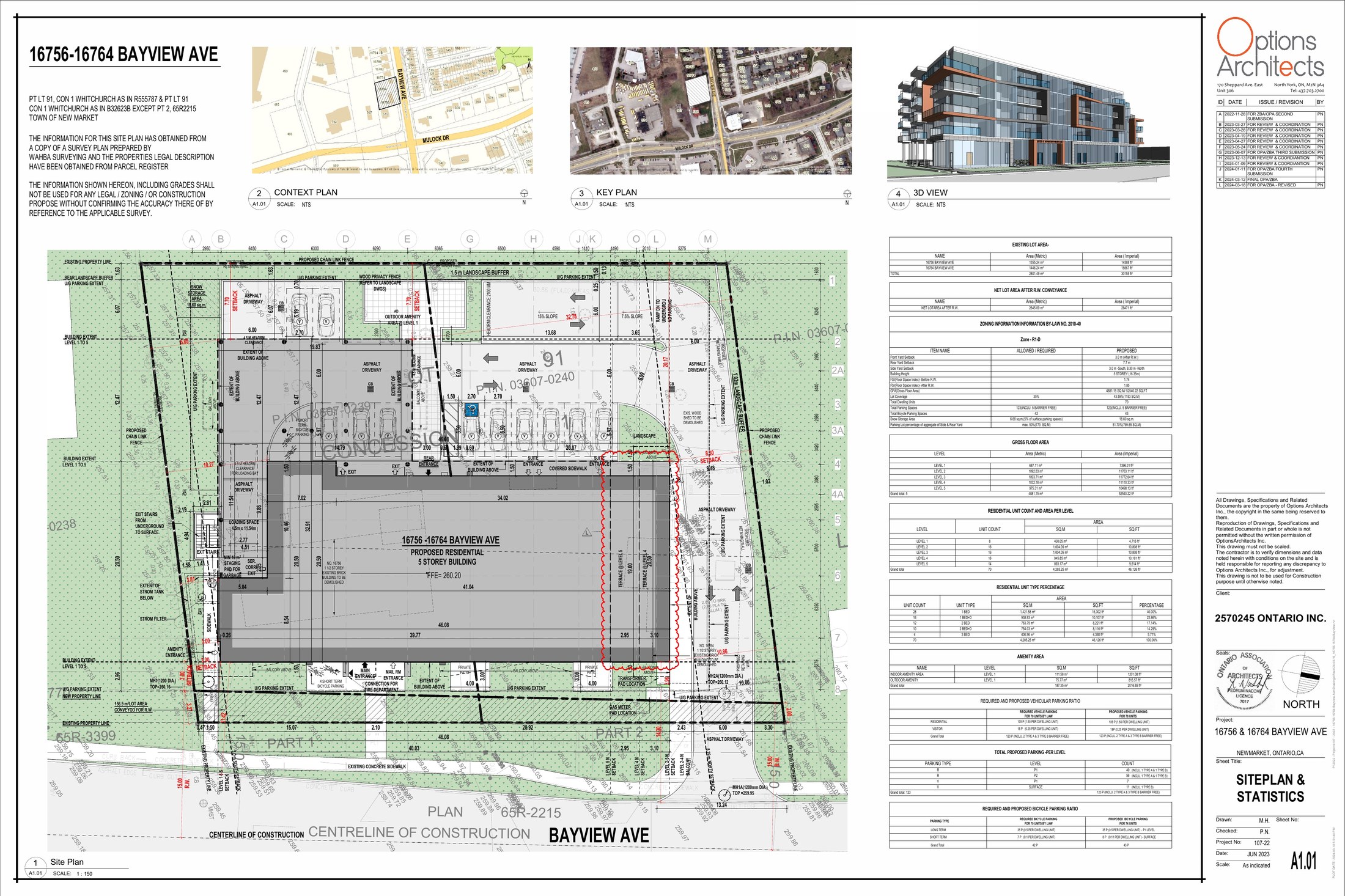 Approved site plan and statistics sheet — Options Architects, sheet A1.01.