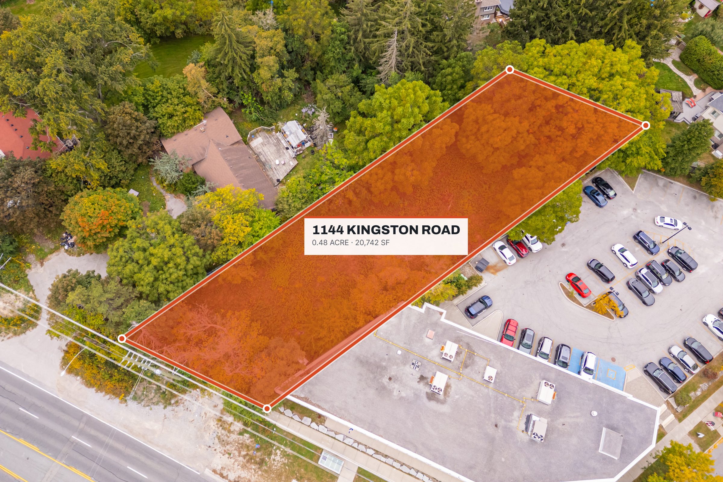 Overhead aerial of 1144 Kingston Road showing the full depth of the parcel from the Kingston Road frontage. Boundary approximate — not a plan of survey.