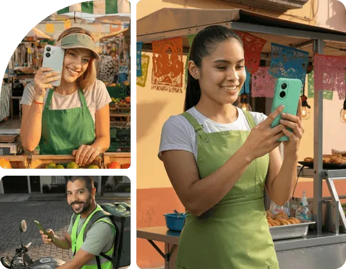 Three smiling vendors using smartphones at outdoor market stalls during daylight.