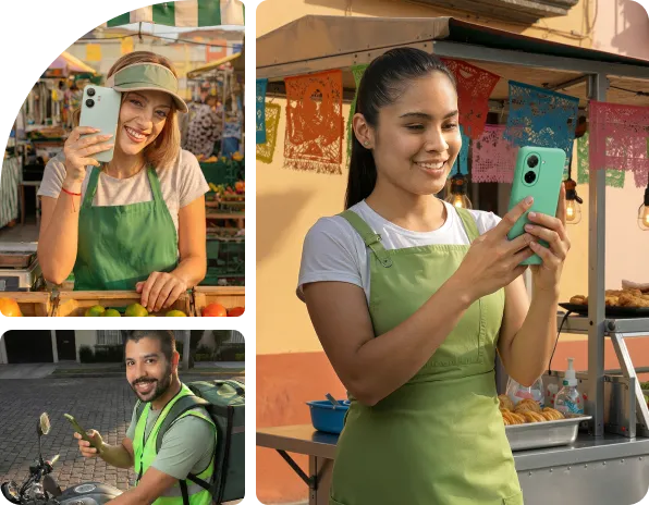 Three smiling vendors using smartphones at outdoor market stalls during daylight.