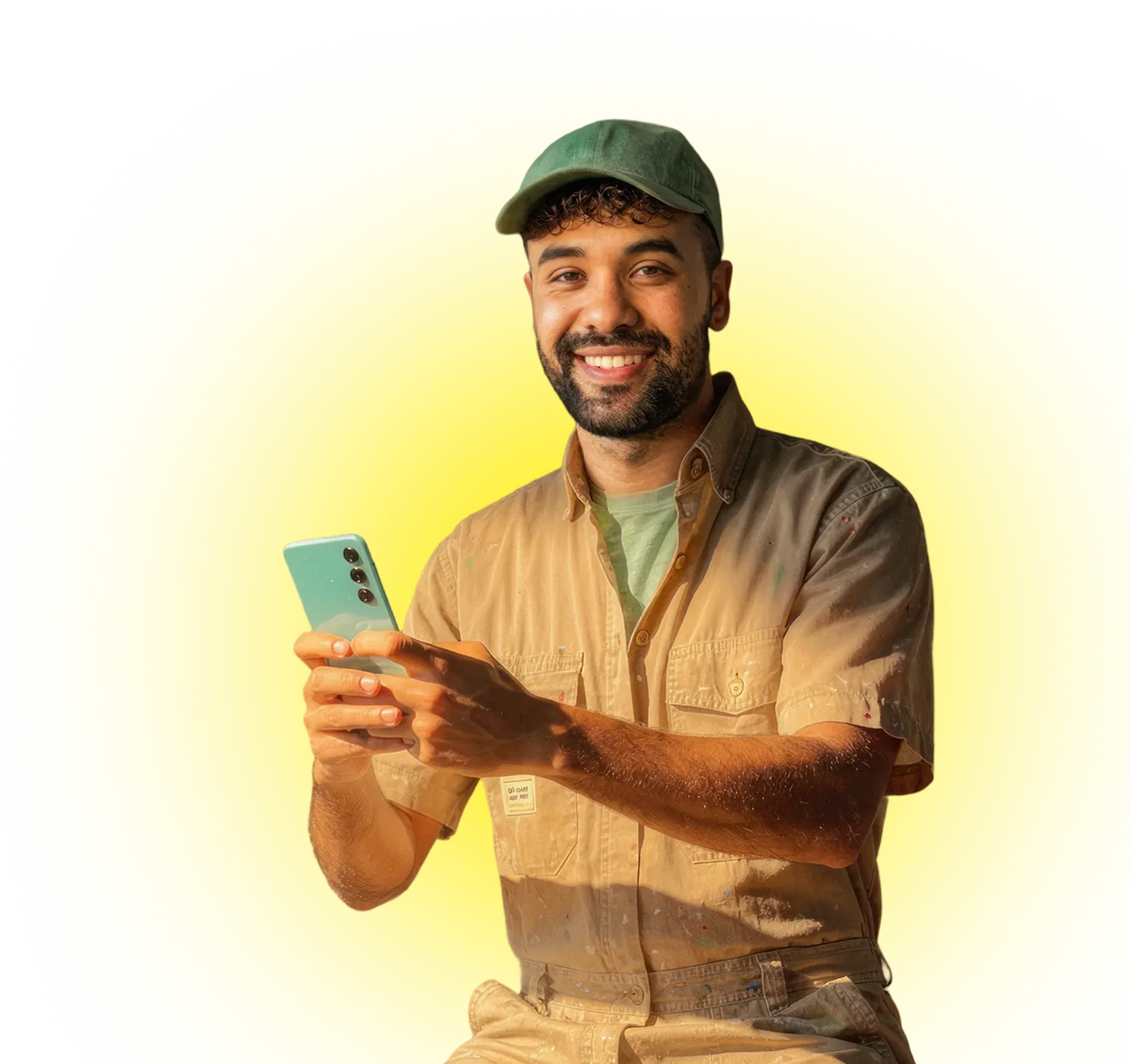 Smiling man wearing a green cap and beige shirt holding a light blue smartphone against yellow background.