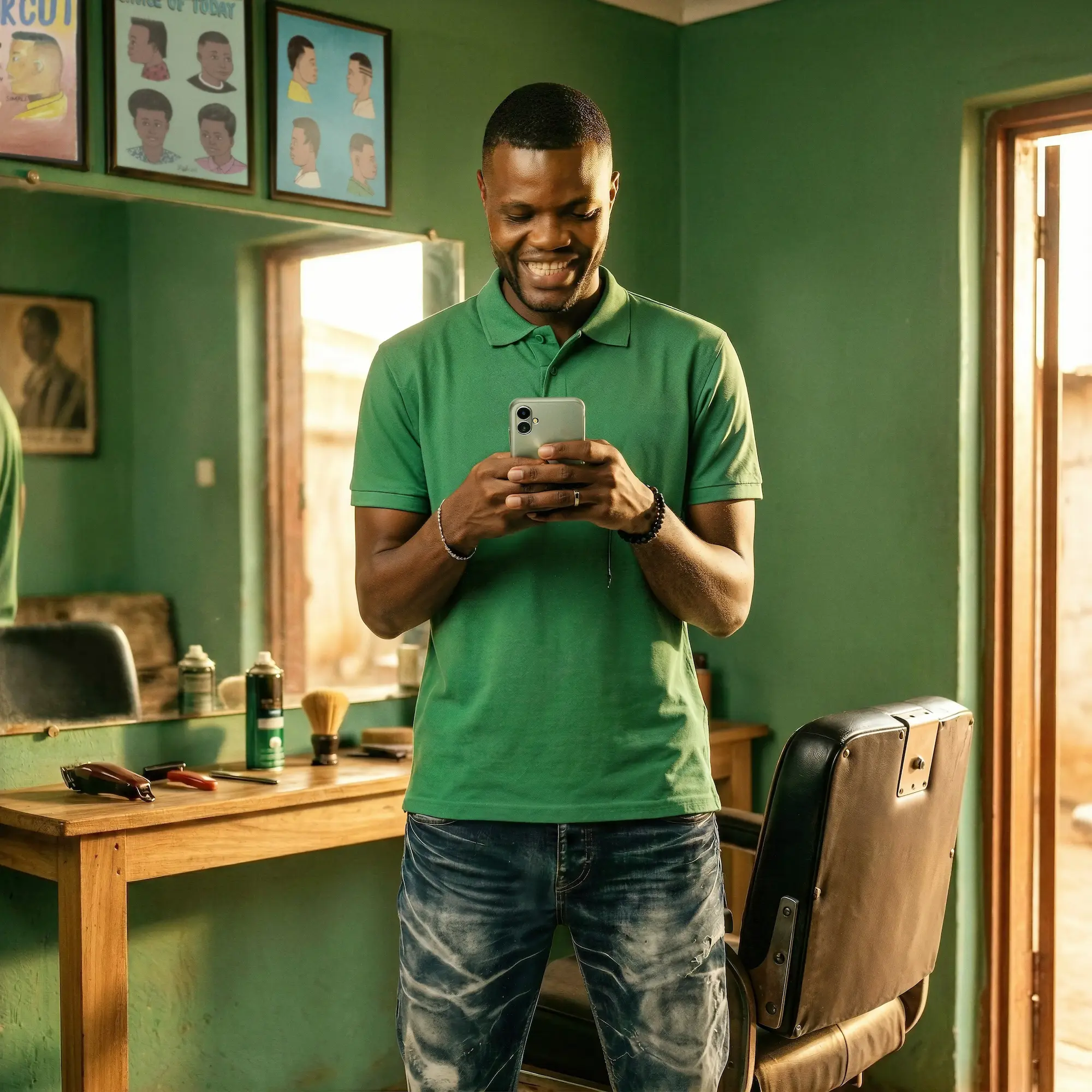 Man in green polo smiling while using phone inside a barbershop with haircut style posters.