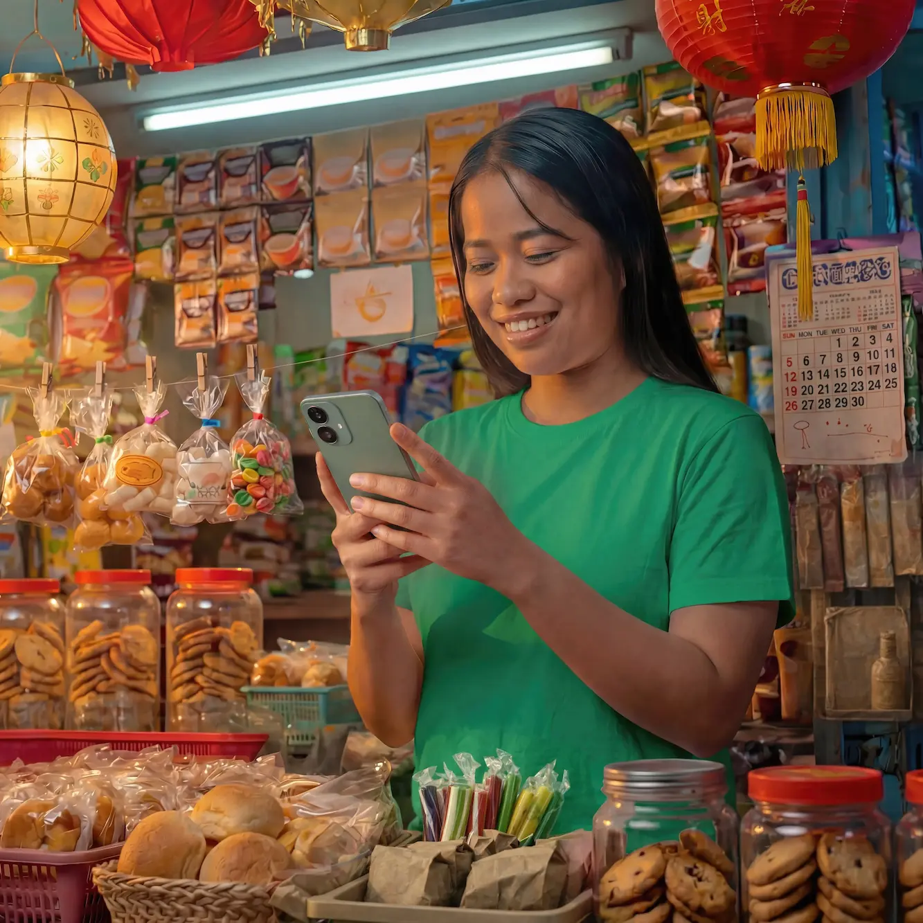 Smiling woman in green shirt using smartphone in a small shop selling snacks and cookies.