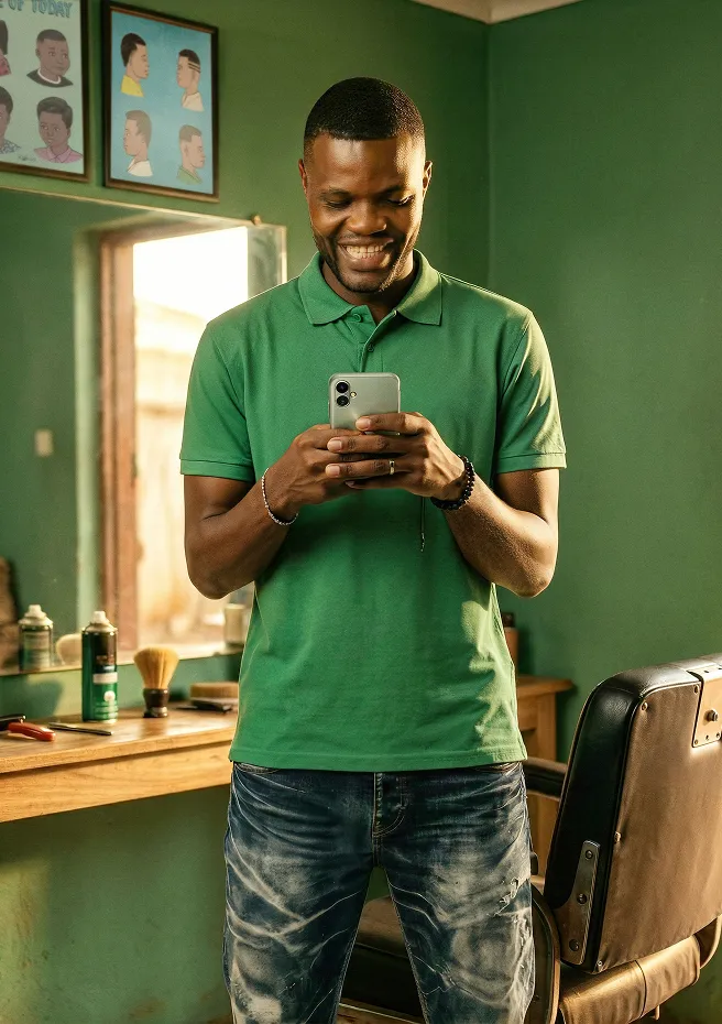 Smiling man in green shirt and jeans looking at phone inside a barber shop with green walls.
