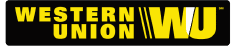 Western Union logo with yellow text and WU symbol on a black background.