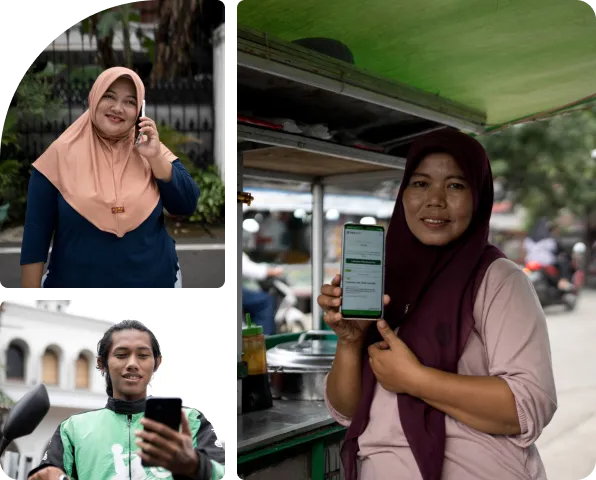 Three Indonesians using smartphones: a woman on a call, a woman showing a phone screen, and a man holding a phone.