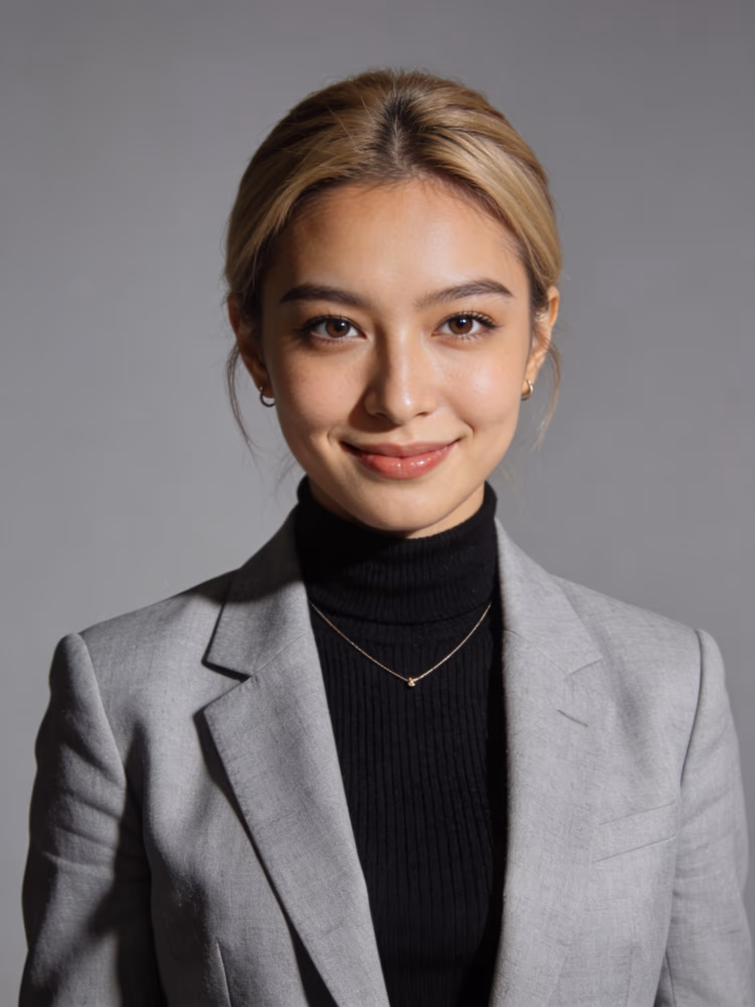 Smiling woman with blonde hair tied back wearing a gray blazer, black turtleneck, and a delicate necklace against a gray background.