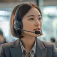 Professional woman wearing a headset with microphone, looking to the side in a bright indoor setting.