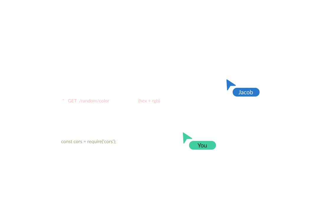 Diagram explaining Cross Origin Resource Sharing (CORS) with two computers labeled Jacob and You, showing an API endpoint GET /random/color returning hex and rgb formatted colors.