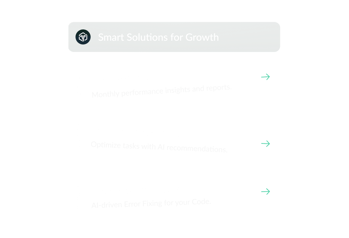 Smart Solutions for Growth header with three cards below offering: Monthly Reports with performance insights, AI Task Optimization, and AI-driven Code Error Fixing.