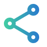 Icon of a share symbol with three connected nodes in blue and green gradient colors.