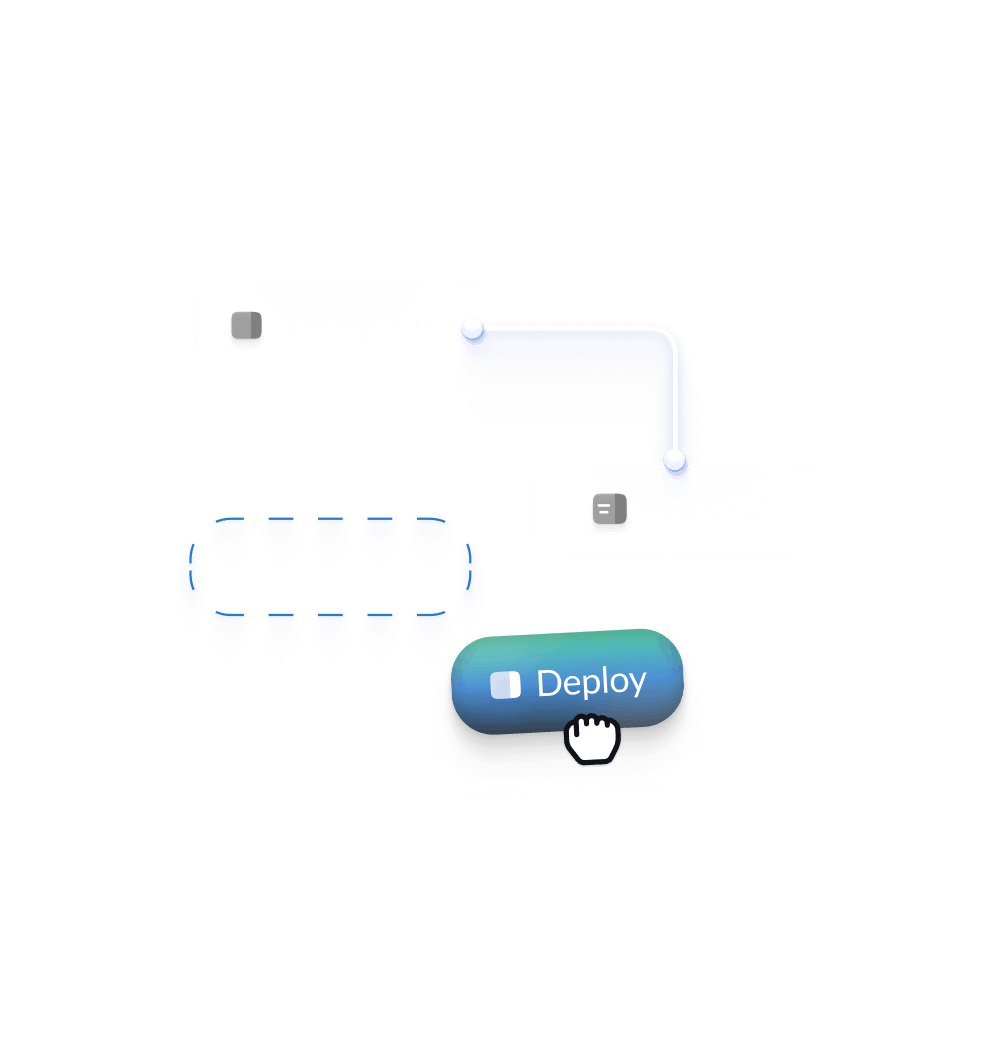 Illustration of a software deployment process showing connected blocks labeled 'Commit' and 'Build' with a cursor clicking a blue 'Deploy' button.