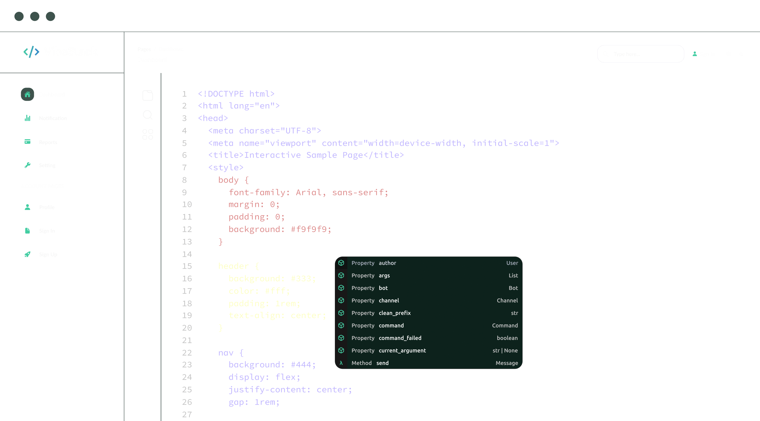 Dark themed coding dashboard interface showing HTML and CSS code with sidebar menu including Dashboard, Notification, Reports, Setting, Profile, Sign In, and Sign Up.