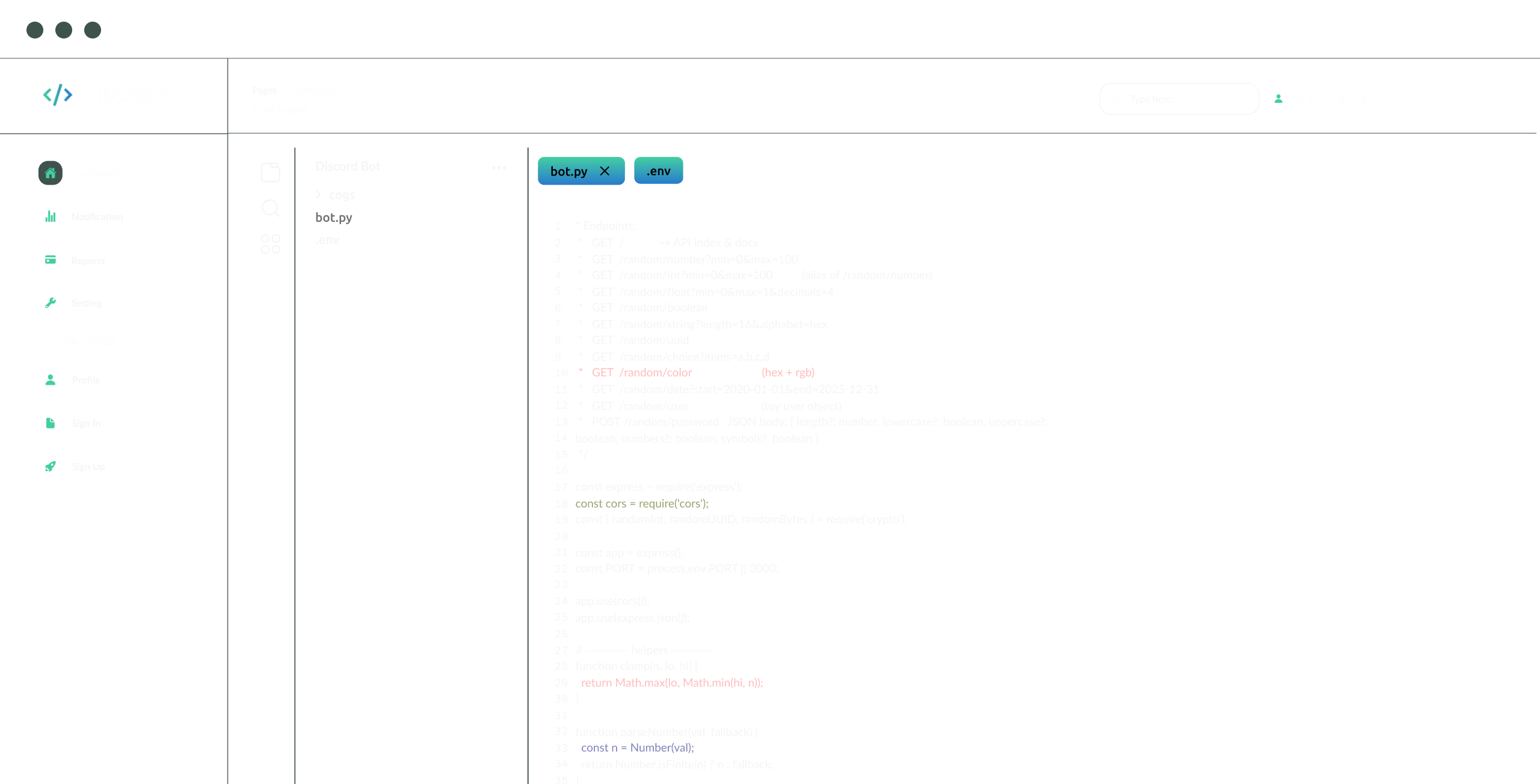 VibeStack dashboard interface showing a code editor with a bot.py file open, displaying JavaScript code for API endpoints and helper functions.