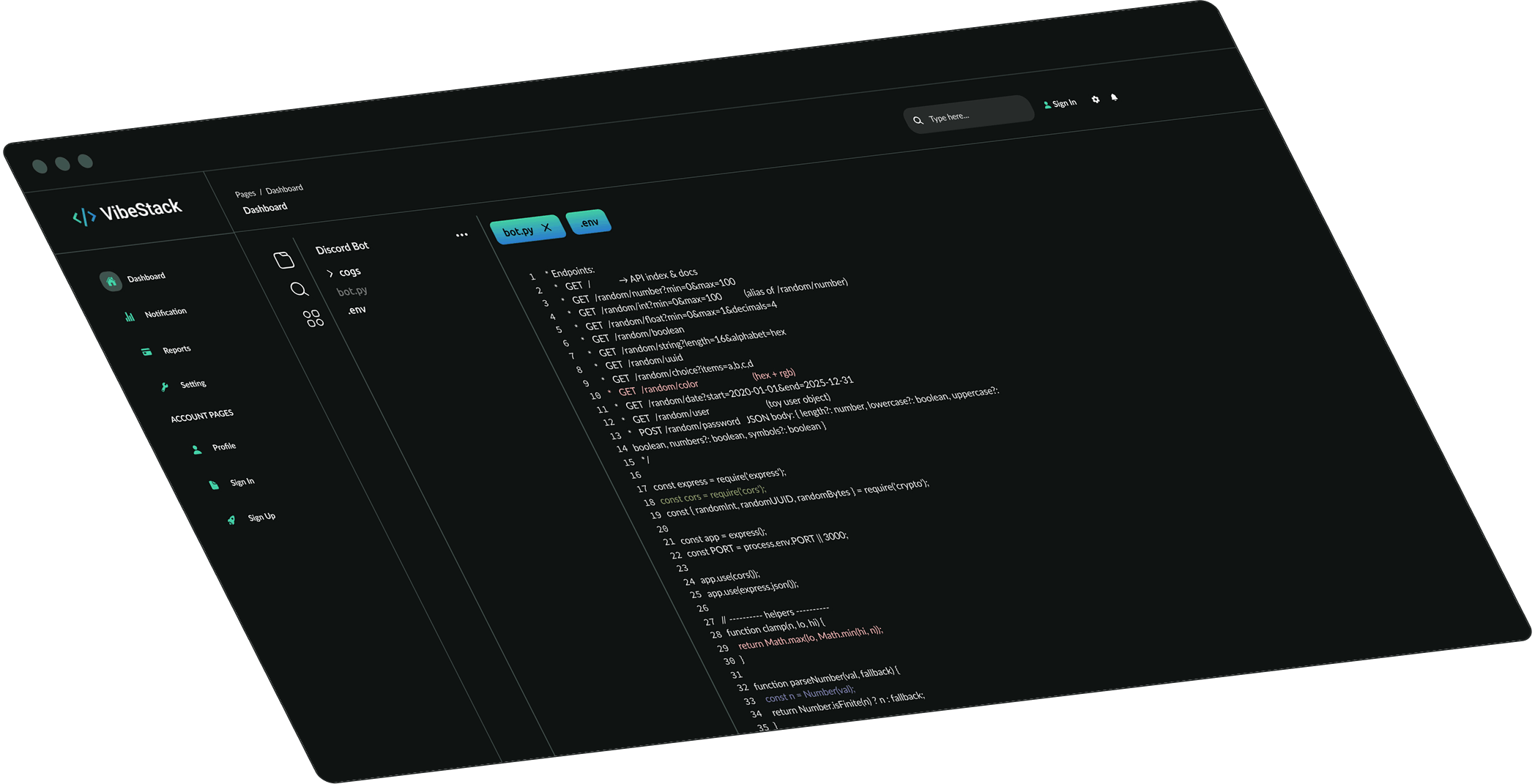 Dark mode web dashboard interface showing VibeStack logo, navigation menu, and code editor with JavaScript for Discord Bot endpoints.