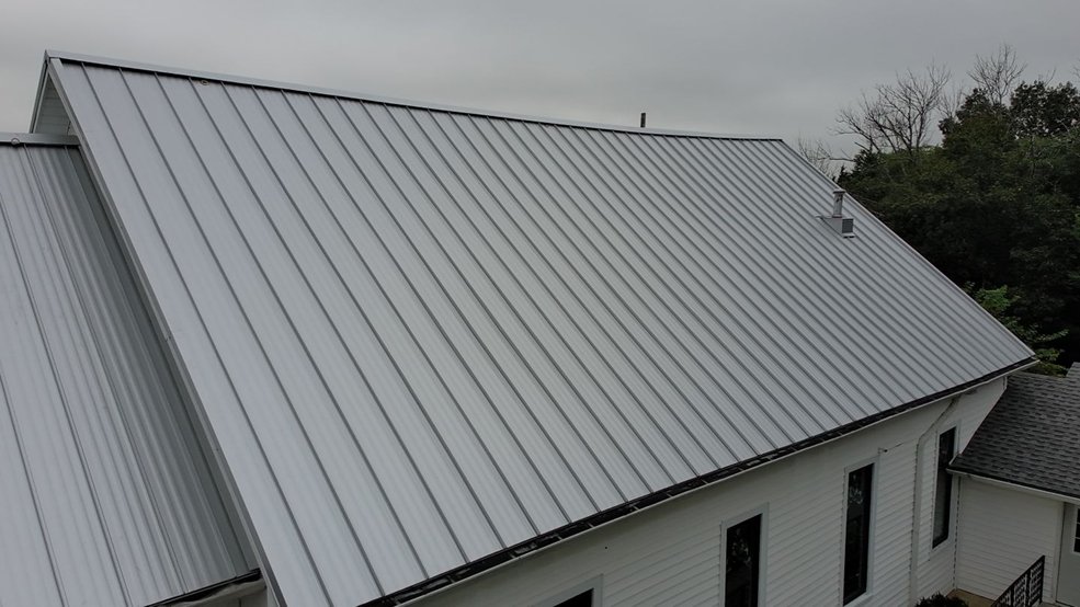 Silver standing seam metal roof on a church in Shelbyville, Tennessee