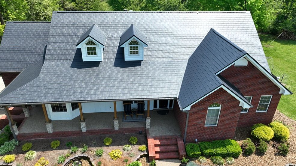 Black aluminum metal shingle roof with solar in Germantown, Tennessee