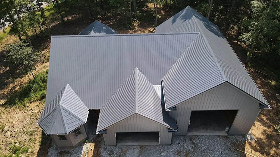 Gray traditional exposed fastener metal roofing