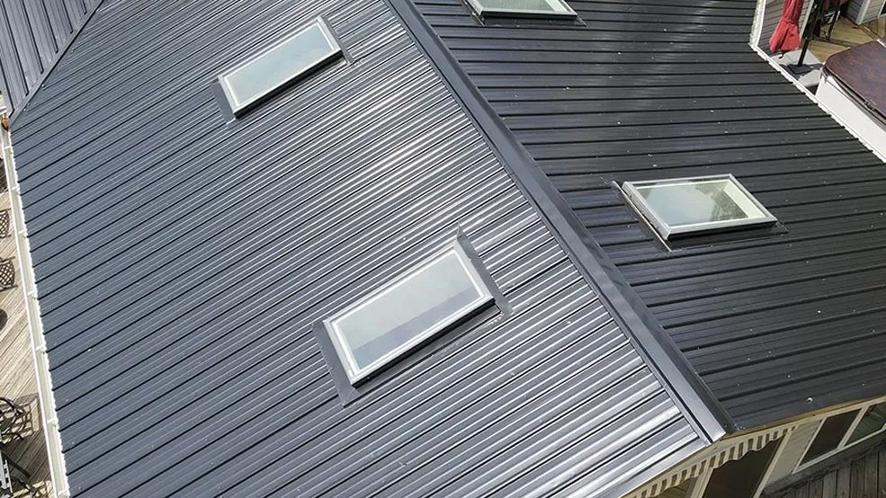 Black traditional exposed fastener metal roof panel