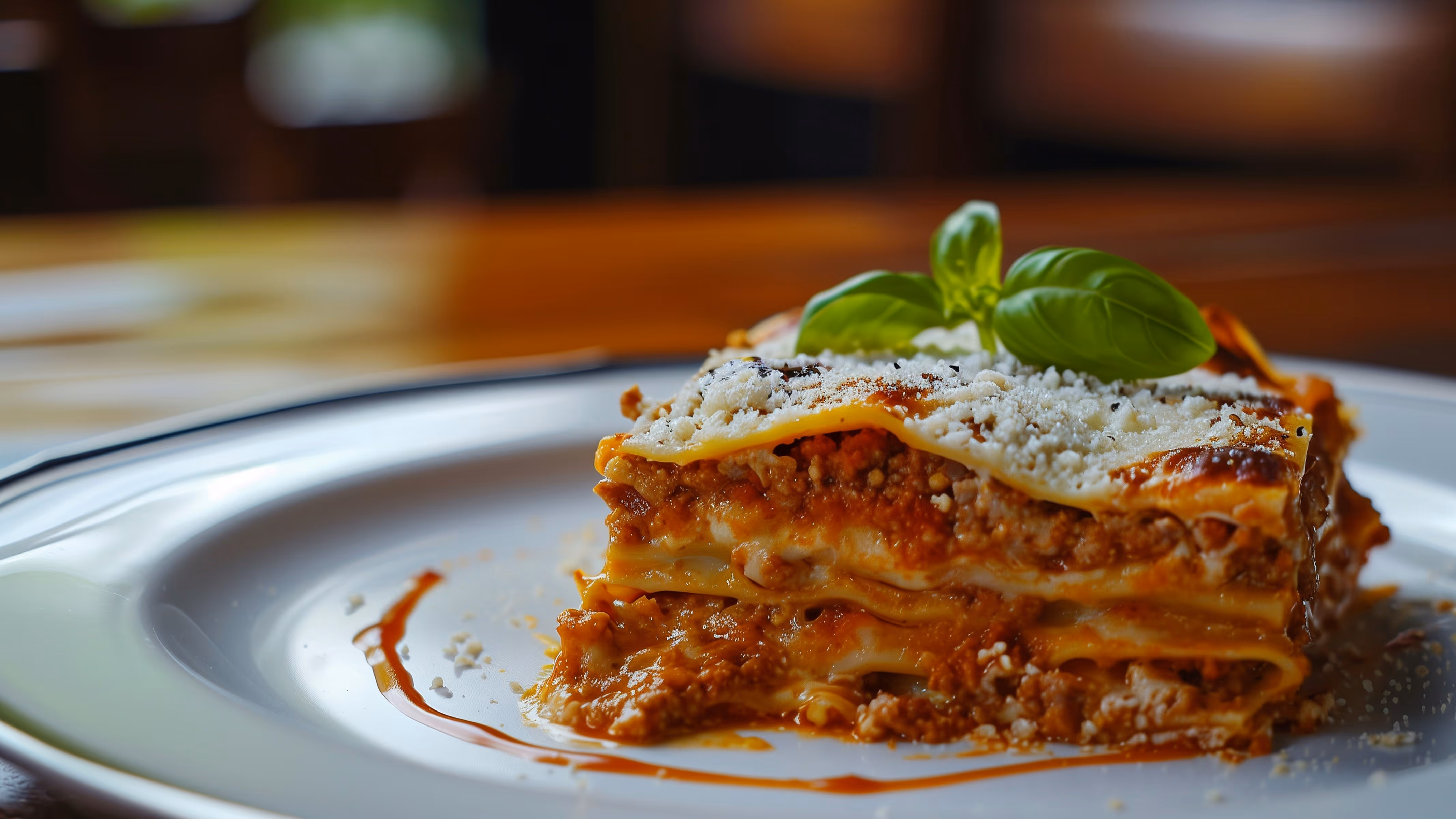 Une tranche de lasagne garnie de viande, de sauce tomate et de fromage, décorée avec une feuille de basilic, servie sur une assiette blanche.
