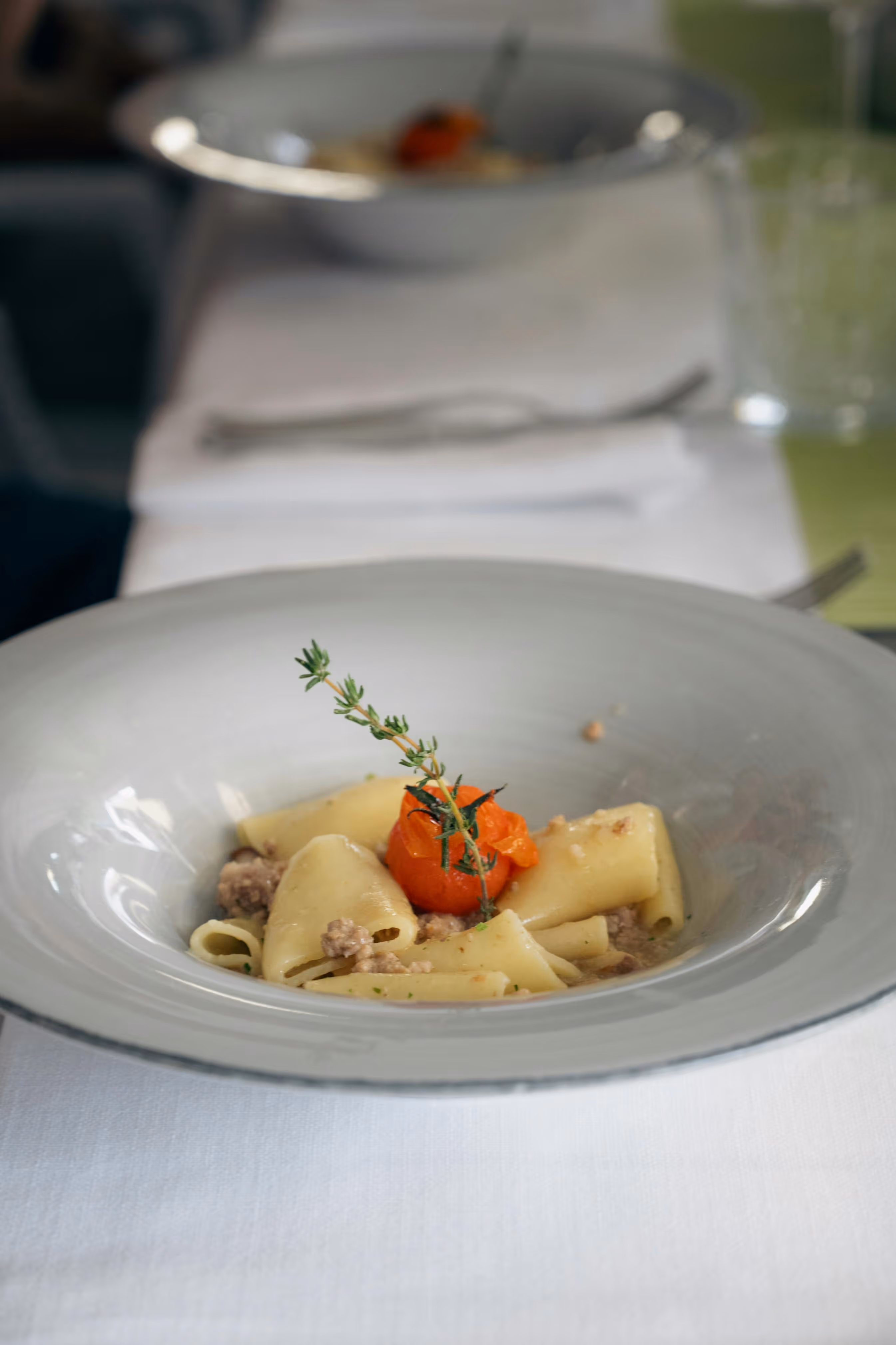 Plat de pâtes rigatoni avec de la viande hachée, une tomate cerise rôtie et une branche de thym.