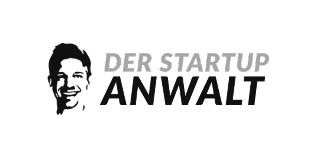 Logo with face silhouette and text 'DER STARTUP ANWALT' in gray and black.