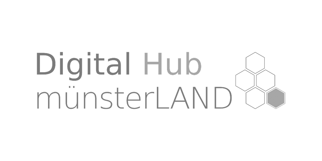 Digital Hub münsterLAND logo with six connected hexagons, one shaded gray on a black background.