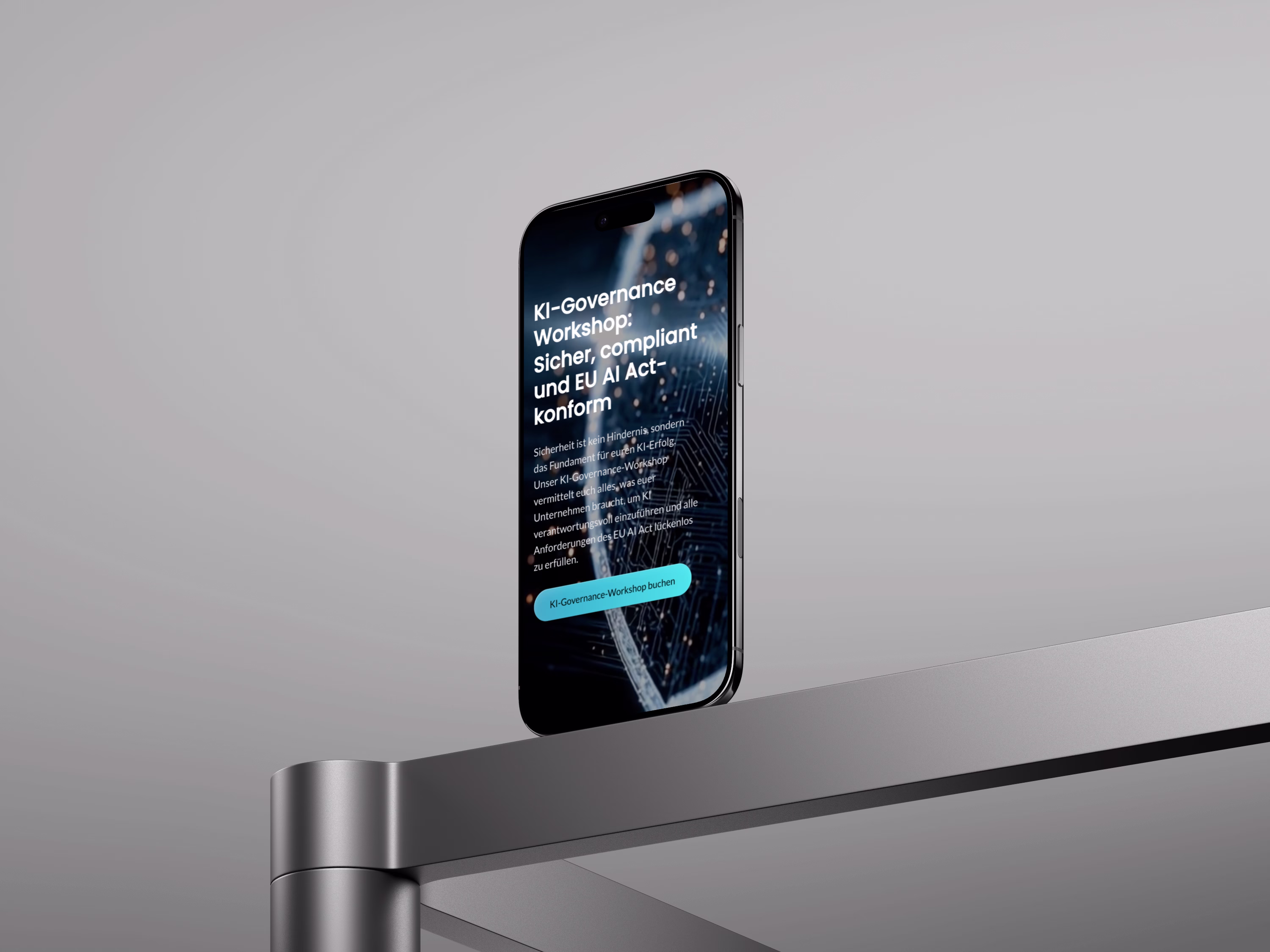 Smartphone on metallic table displays AI governance workshop info on EU AI Act compliance in German.