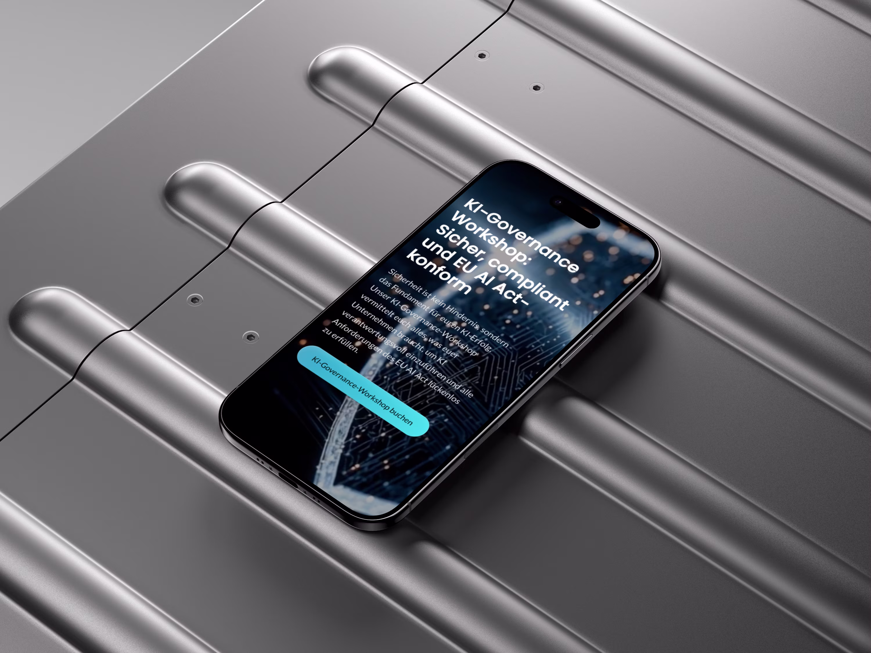 Smartphone on metal surface displaying a German AI governance workshop invitation screen.