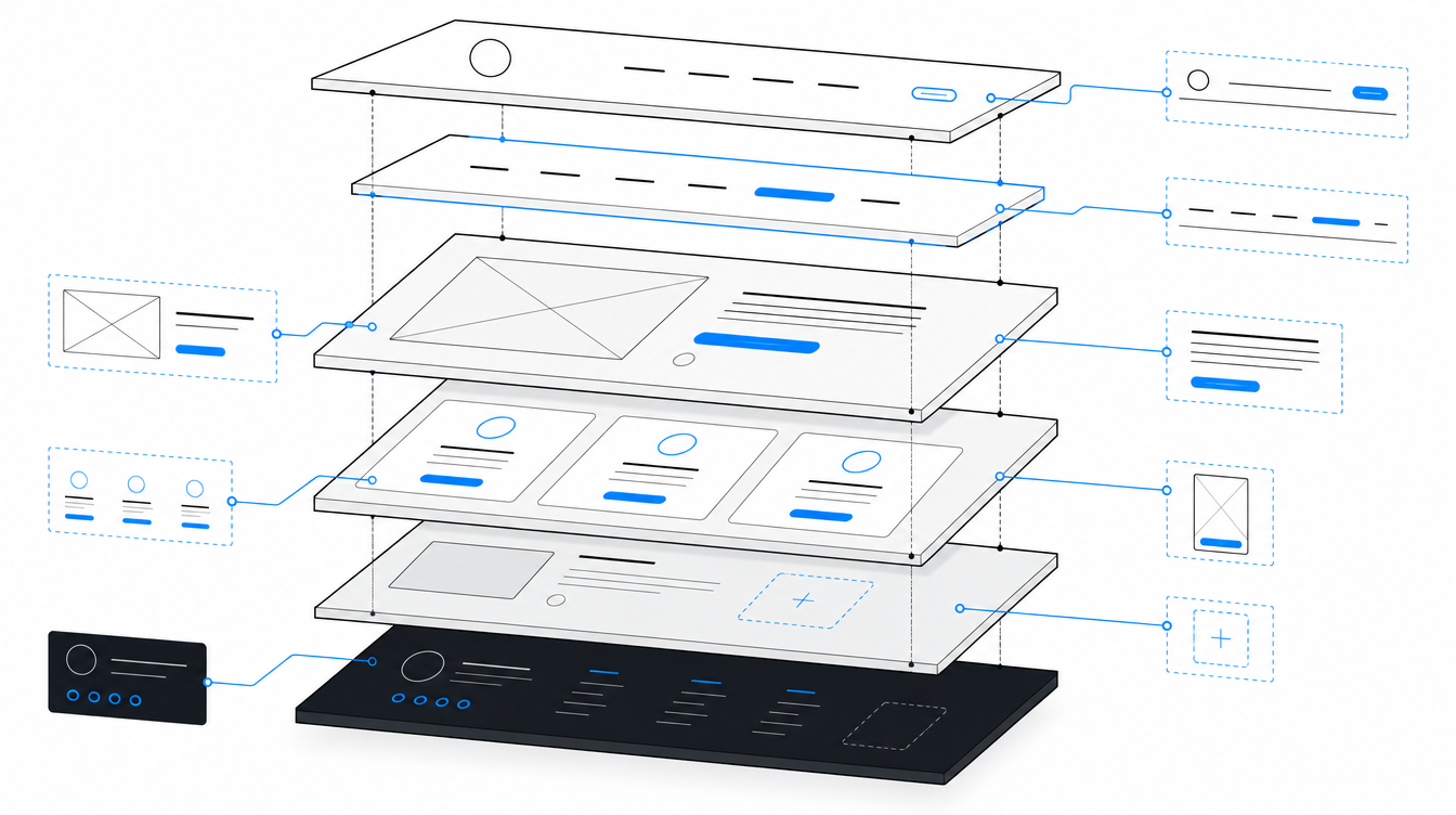 Mehrschichtige schematische Darstellung eines Website-Layouts mit Inhalten und Verbindungslinien.