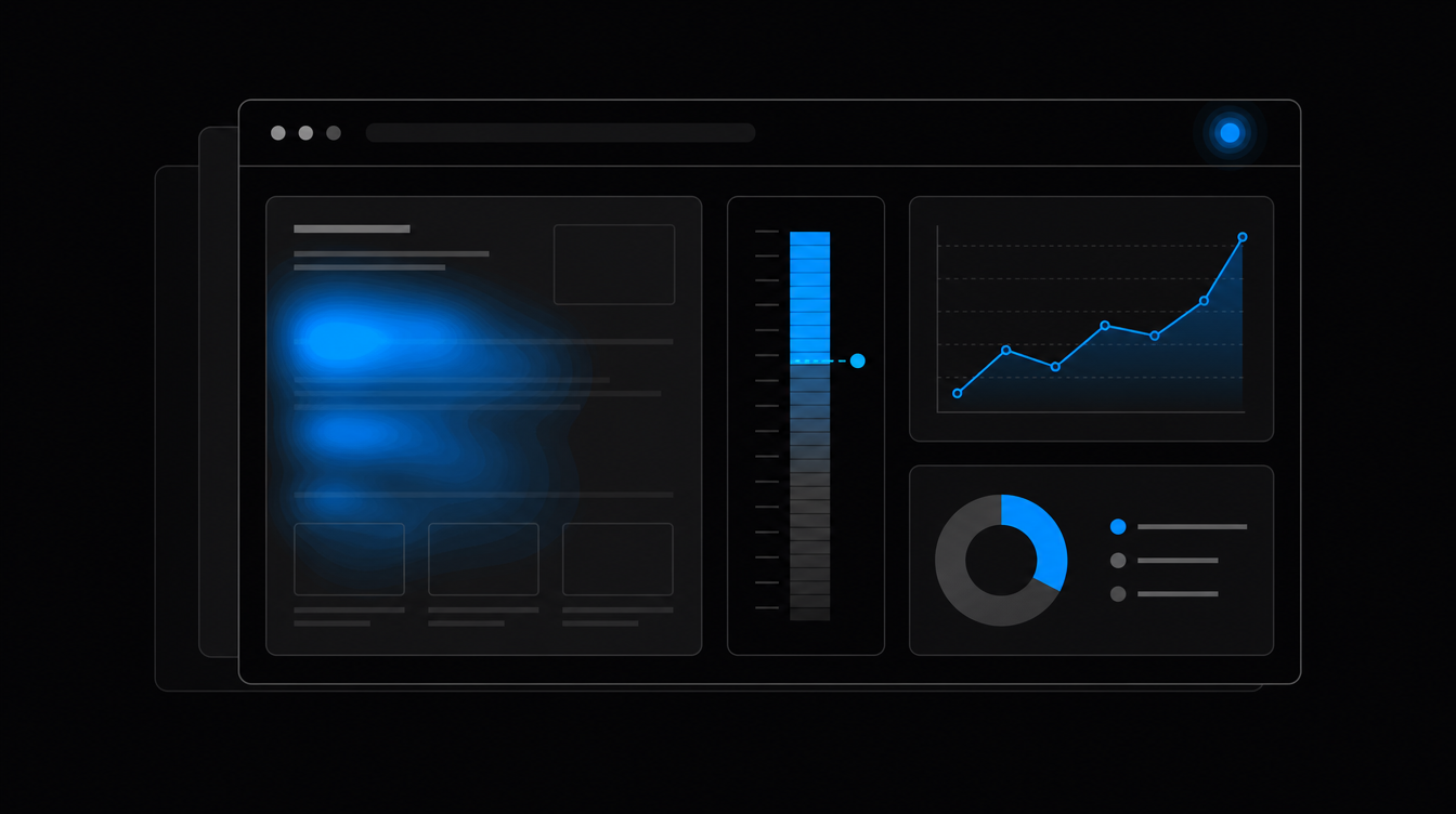 Benutzerstatistik-Dashboard mit blau hervorgehobenen Heatmap-Elementen, Balken-, Linien- und Kreisdiagrammen.