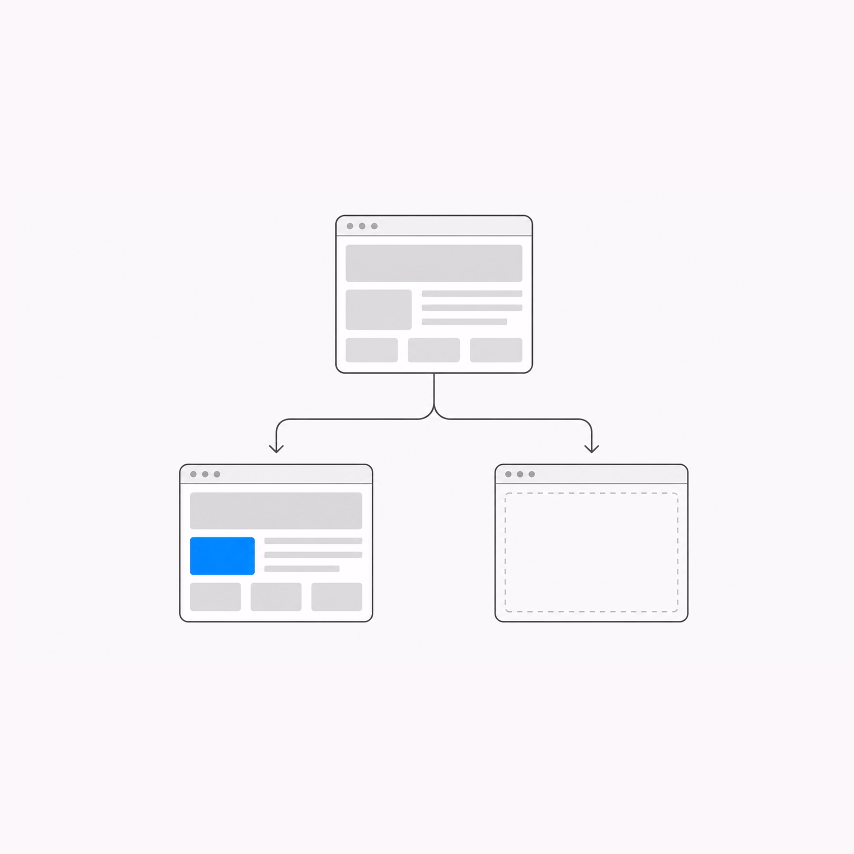 Diagramm mit einer Webseite, die zu zwei Unterseiten führt, eine mit Inhalt und eine leere.