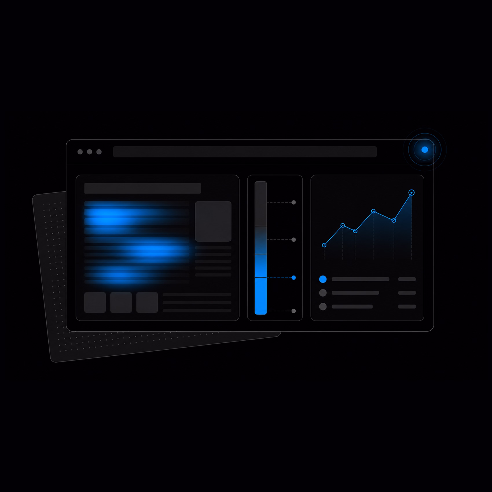 Dunkles Web-Dashboard mit hervorgehobenen blauen Textabschnitten, Balkenanzeige und Linienchart.